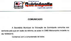 Aulas no CMEI Marcozinho Começará em 16 de Agosto.